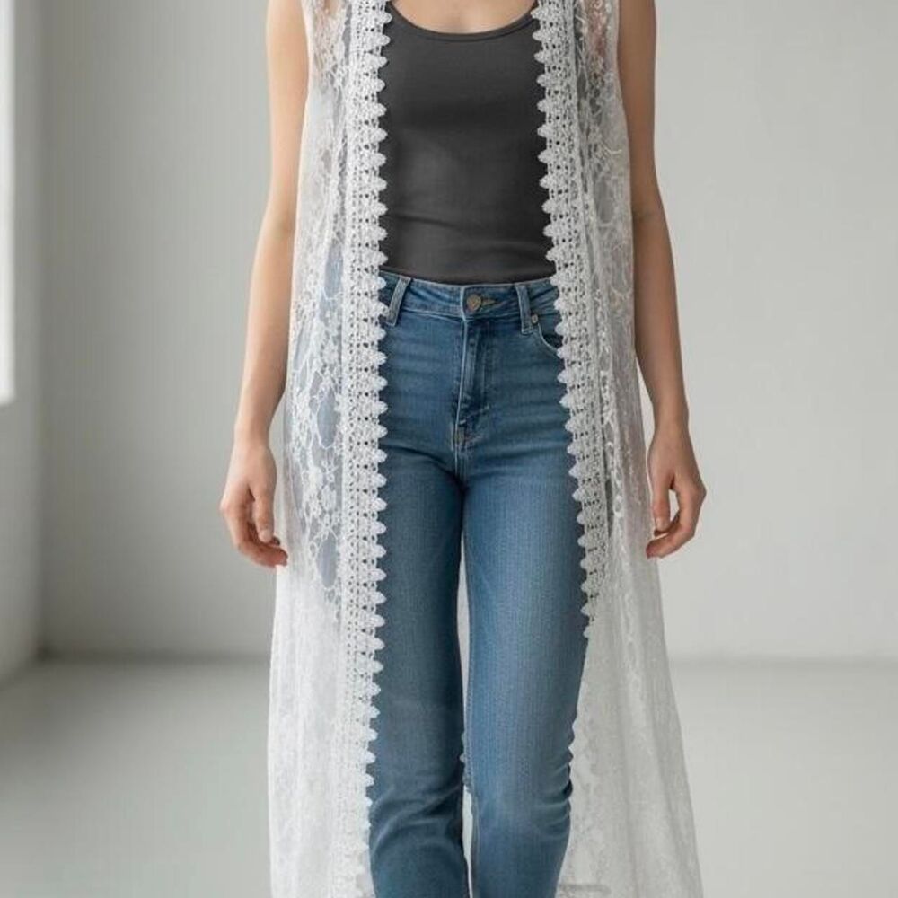 Flowy Lace Sleeveless Duster, White, One Size